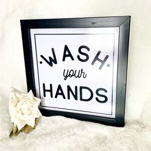 New with tag “WASH YOUR HANDS” hanging picture white with Black writing and trim